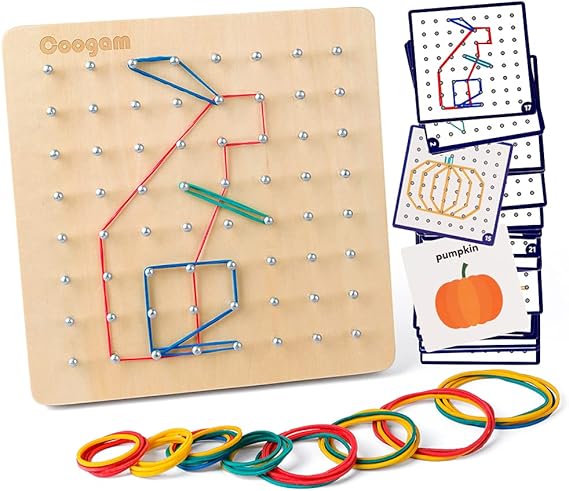 Coogam Wooden Geoboard Mathematical Manipulative Material Array Block Geo Board - 8x8 Pin Geometry Geoboard STEM Shape Puzzle Board Brain Teaser for Kids