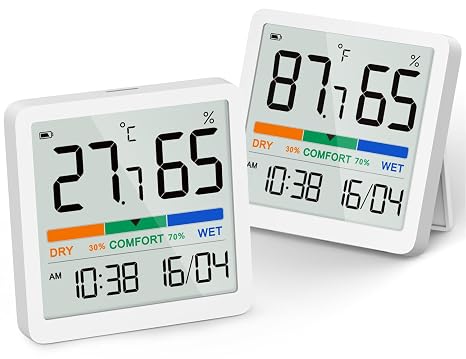 NOKLEAD Indoor Hygrometer Thermometer,Digital Temperature Humidity Monitor | 2 Pack Room Thermometer with Clock, Small Humidity Meter with Comfort Display & Calibration for Home Bedroom Office