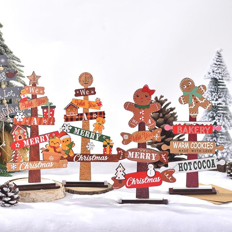XZR Wooden Christmas Tree 4-Pack6-Pack Indoor Stocking Suffers Xmas Holiday Tabletop Gingerbread Man Decorations decoracion de Navidad Ornaments for Home Office House Shops Nice Gift 4-Pack