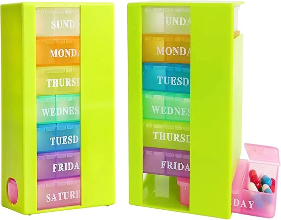 Medicine Organizer with 7 Small Pill Organizers 3 Times a Day Large Stackable Pill Dispenser for Supplement Vitamin Pills (Green, 2PCS)