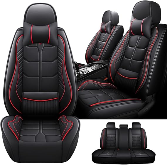 5 Seats with Lumbar Support Car Seat Cushion,for Mazda Mazda 3 2006-2025,Nappa Leather Car Seat Covers,Non-Slip Waterproof Seat Covers, Airbag Compatible Interior(Deluxe,Black+Red)
