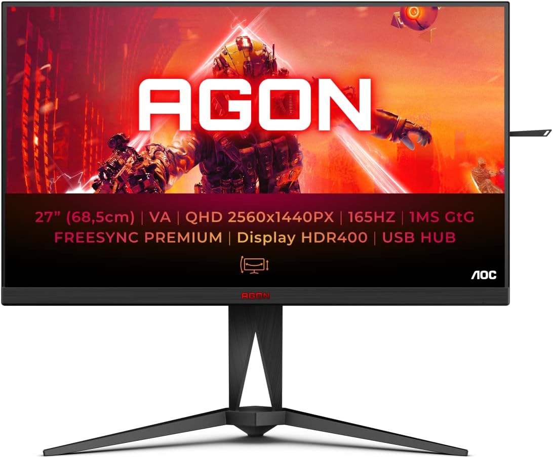 AOC Agon - 27 Inch QHD Gaming Monitor MPRT FreeSync Premium G-Sync Compatible HDR400 DisplayPort HDMI USB Hub BlackRed