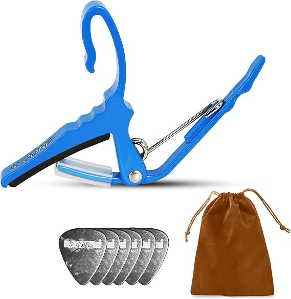 5 Core Guitar Capo for Acoustic Electric and Bass Guitars Quick Change Kapo Aluminum Alloy Build Protective Soft silicone Padding with Picks & Carry Bag Blue - CAPO AL BLU