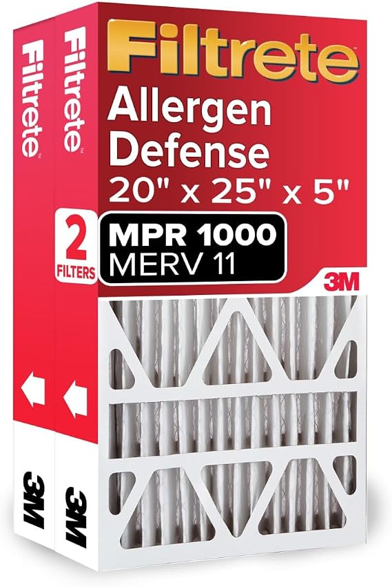 Filtrete 20x25x5 Air Filter MERV 11, MPR 1000 Micro Allergen Defense 2-Pack, Fits Lennox, AC Furnace HVAC Filters for Home, Pleated Electrostatic (Actual Size 19.63 x 24.75 x 4.31 in)