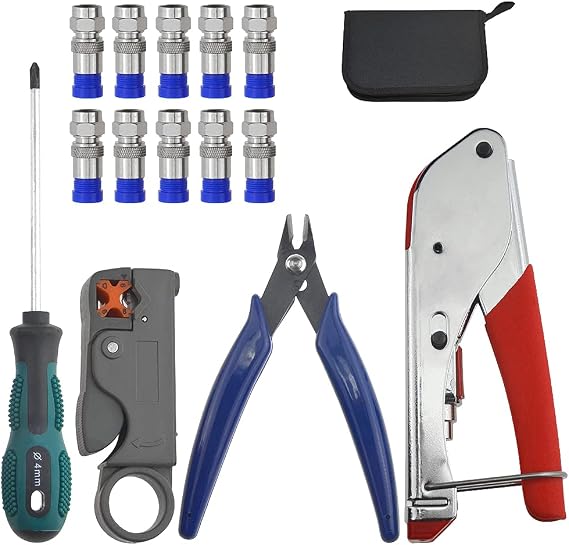 14Pcs Coaxial Cable Compression Crimping Tool RG59 RG6 Coax Crimper Tool Kit Cable Stripper and Cable Crimper Coaxial Cable Cutter with 10Pcs Compression Connectors