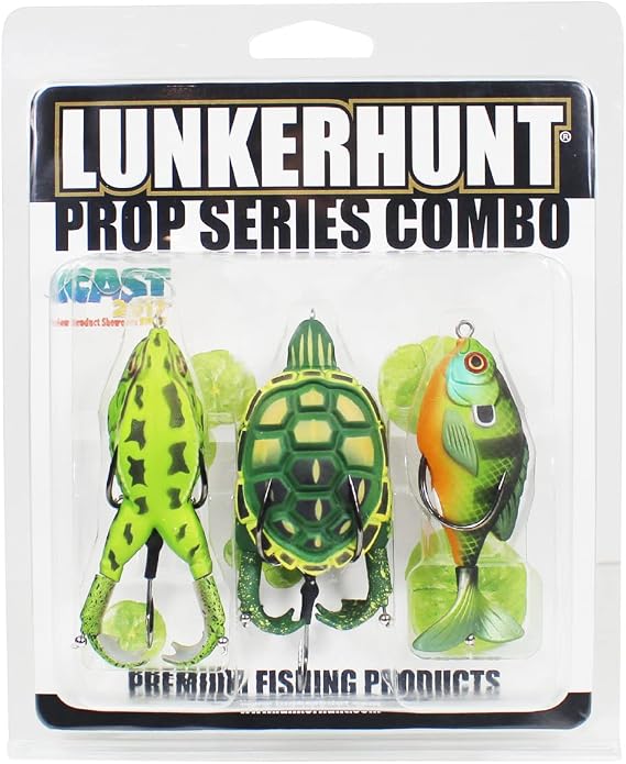 LUNKERHUNT Topwater Fishing Lures Kit (3-Pack) for Bass, Trout | 1 Turtle Lure, 1 Frog Lure, 1 Sunfish Prop Lure | Freshwater Fishing Bait for Pike, Soft Hollow Body, Weedless Hooks