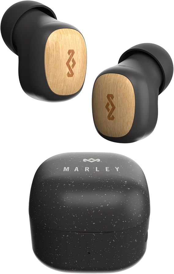 House of Marley Smile Jamaica True Wireless Earbuds, 14-Hour Playtime, Sustainable Bamboo & Recycled Plastics, Quick Charge, Compact Design, (Signature Black) | Small headphones, 14 hours playback time, mini headphones with charging case, sustainable materials