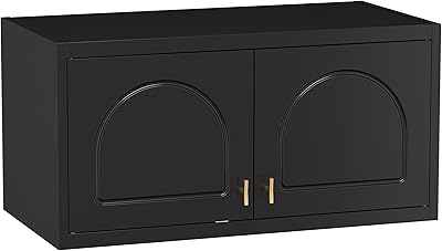 Wall Cabinet with Doors, Small Hanging Cabinet for Kitchen Pantry, Metal Overhead Cabinet for Dining Room, Living Room, Bathroom, 16 D x 32 W x 15 H, Black, Assembly Required