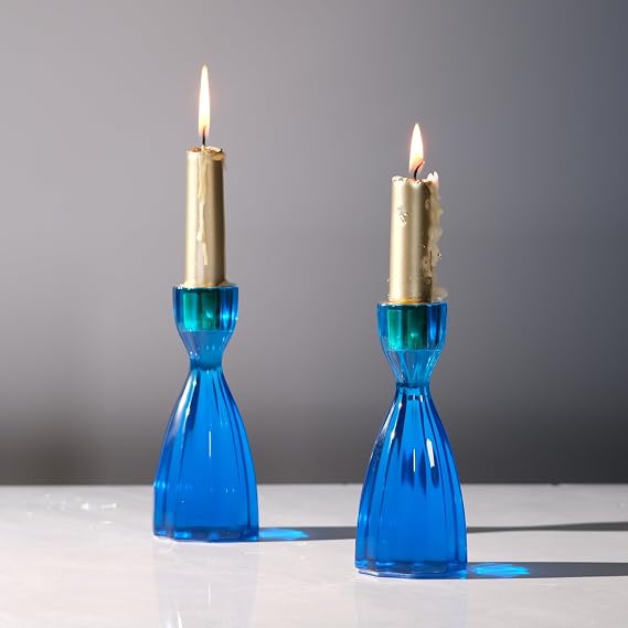 Twizzle Twist Candle Holder, Decorative Candlestick for Table Display, Romantic Decoration, Unique Home DECOR Aesthetic, Housewarming Gift, Blue Height 5.7 inches Set of 2 - Resin