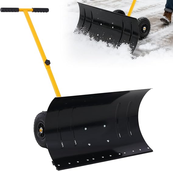 29" Snow Shovel for Driveway, Heavy-Duty Metal Snow Plow with Wheels, 5 Level Adjustable Angle, Height Handle & Blade Angle, Ergonomic Angle Handle Snows Removal Tool for Doorway Sidewalk, Yellow
