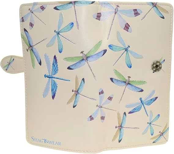 Shag Wear Dragonflies Large Wallet Vegan Faux Leather Nature Design Clutch with Card Slots Bill Compartments ID Window Zippered Coin Pocket 7" Beige