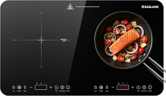 GASLAND IH582BTA Double Induction Cooktop, 58 cm, 2800W Portable Induction Hob with Sensor Touch, 10 Temperature Levels, 10 Power Levels, Timer Function, Child Lock, Energy Efficient