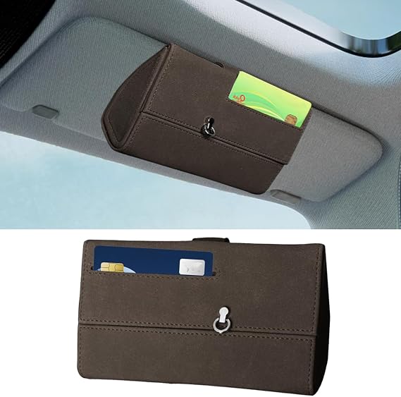 Car Sun Visor Sunglasses Holder & Organizer Leather Eyeglasses Case with Hidden Magnetic Closure, Universal Glasses Holder Car Sun Visor Storage Pouch for License Ticket Card Pen (Brown)