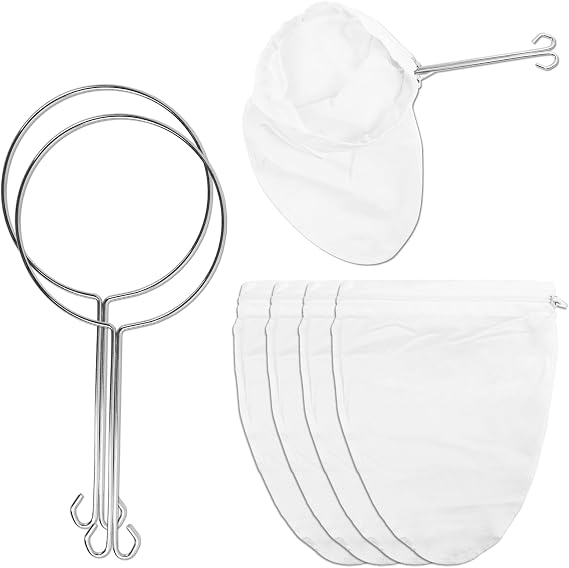 4 Pcs Ultra Fine Mesh Strainer Bags with 2 Pcs Stainless Steel Handle Frame, Reusable Mesh Filter Bag for Filter Juice Nut Milk Coffee Oil and Soup