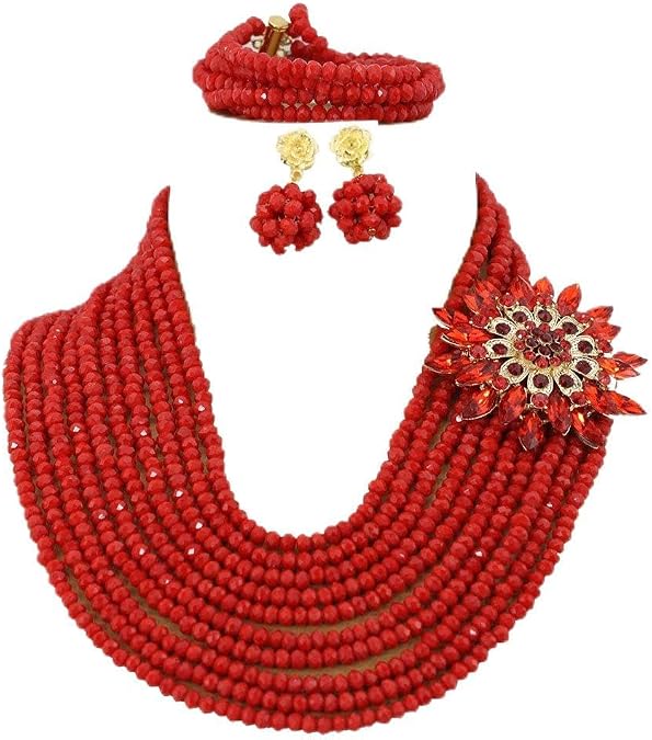 10 Rows Red African Beads Jewelry Set,Nigerian Wedding African Beads Jewelry set(AB0060)