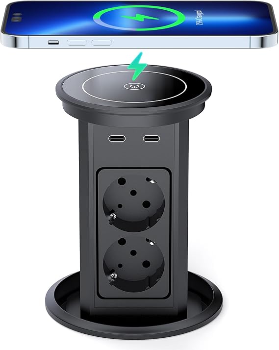 Automatic Retractable Socket Dinolink Table Socket with 4 Sockets 4 USB Ports 10 W Wireless Charging Built-in Socket Retractable for Kitchen Office 1.8 m Cable Diameter 100 mm