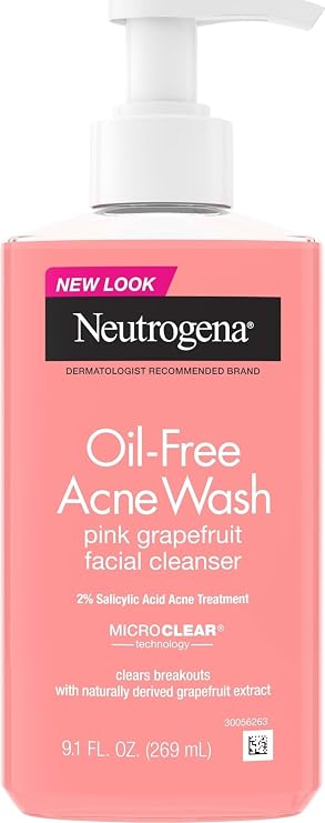 Neutrogena Oil Free Pink Grapefruit Acne Face Wash, 9.1 fl oz | 2% Salicylic Acid Cleanser & Vitamin C, Daily Acne Treatment for Face, Blemish & Blackhead Clearing Facial Cleanser