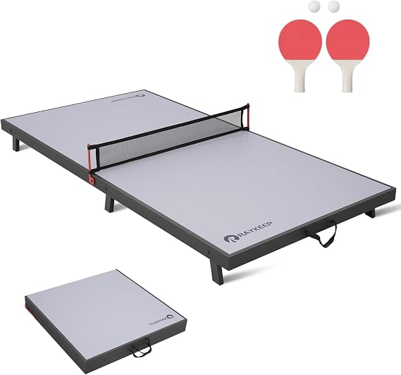 RAYKEEP Mini Foldable Table Tennis Table, Portable Ping Pong Game Table for Indoor & Outdoor, Table Tennis Table Set w/Net, 2 Paddles, 2 Balls, No Assembly, 48inch (Grey)