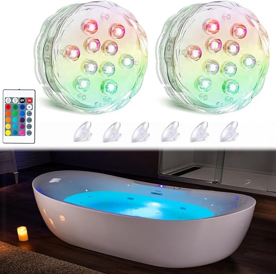Seagenck Bath Tub Lights Wireless, Battery Operated Waterproof Glow Light for Bathroom Bathtub Shower Spa Light, Bath Essentials for Women Relaxing, RGB Multi Color Remote Controlled, 2pcs