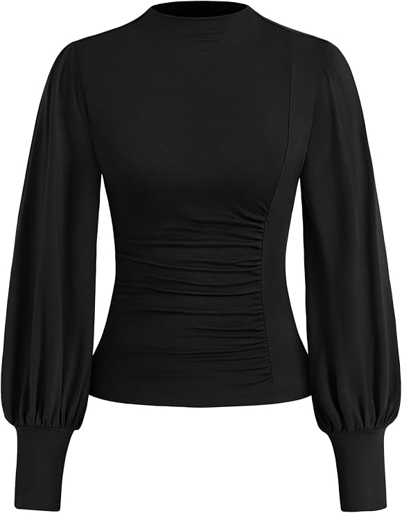 KIRUNDO Mock Neck Tops for Women Puff Sleeve Ruched Fitted Blouse