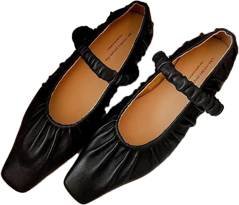 Women's Wrinkled Square Toe Flat Mary Jane Shoes,Fashion Closed Pleated Ballet Flats Comfortable Slip on Casual Closed Toe Office Work Dress Shoes