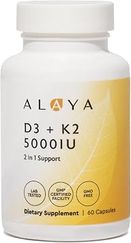 Alaya Naturals Vitamin D3 K2 Supplement 5000 IU D3, 50 mcg K1, 15 mcg K2 MK-7 High Absorption Capsules for Bone & Immune Support, Non-GMO, Vegetarian Capsules 60 Count