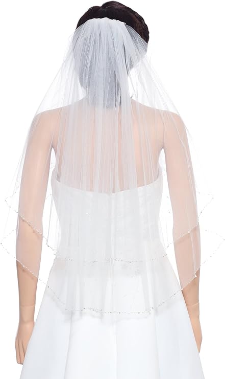 SAMKY 2T 2 Tier Crystals Silver Beaded Wedding Veil - White Elbow Length 30" V402