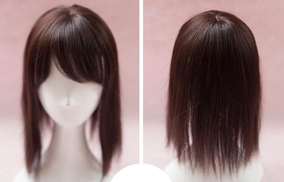 14" Synthetic Hair Mono Hair Topper for Hair Loss Clip in Hair Top Piece with Air Bangs (Thin Style, Dark Brown)