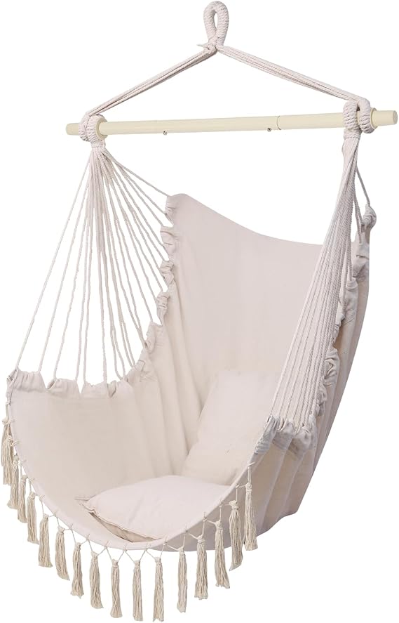 ONCLOUD XXL Hammock Chair Macrame Hanging Rope Swing Seat w/Side Pocket, Includes Drink Holder 2 Cushions Carry Bag All Hanging Hardware for Patio Bedrooms Indoor/Outdoor (Beige)