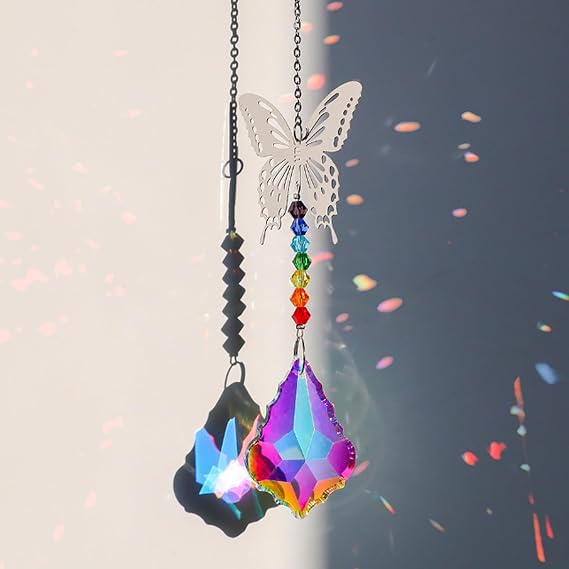 Crystal Suncatcher Pendant, Rainbow Iridescent Glass, Teardrop Shape, Light Reflecting Window Hanging Ornament (Maple Leaf)