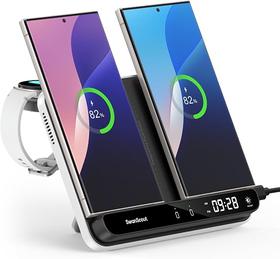 Dual Wireless Charger for Galaxy S26/S25/S24/S23, for Z Fold 8 Ultra | Dual Wireless Charging Station, 3-in-1 for Samsung Watch 8/7/6/5/4/3, for iPhone and Samsung Phones, SwanScout 710S