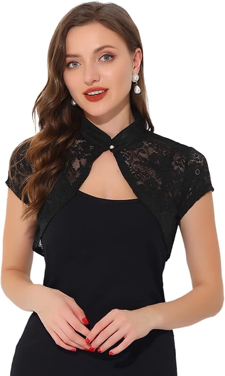 Allegra K Women's Lace Cardigan Stand Collar Short Elegant Shrug Open Front Cropped Bolero Cardigan