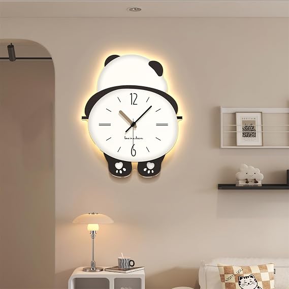 Panda Modern Large Wall Clock Decorative Silent Non Ticking Battery Operated Kids Wall Clock with Pendulum Fun Cute 3D Wall Clock with Light for Living Room Bedroom Farmhouse Office