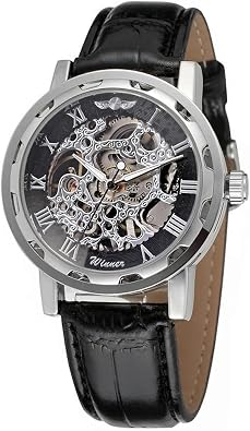 Mens Fashion Mechanical Wristwatch Transparent Dial with Skeleton Design Leather Band Automatic Manual-Winding Watch