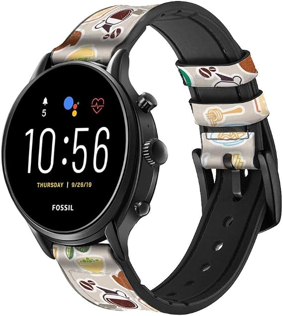 CA0266 Food and Drink Seamless Leather & Silicone Smart Watch Band Strap for Fossil Mens Gen 5E 5 4 Sport, Hybrid Smartwatch HR Neutra, Collider, Womens Gen 5 Size (22mm)