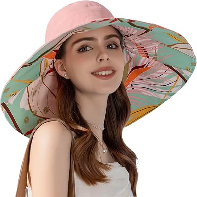 Packable Reversible Large Brim Sun Hat for Women - 6.9 Super Wide-Brim UV-Protection Womens Sun Beach Hats with Strap