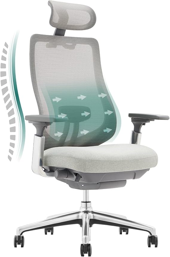 COLAMY Ergonomic Mesh Office Chair, High Performance Computer Executive Desk Chair with Adjustable Headrest and 4D Armrests, Sliding Seat, Tilt Lock, Light Grey