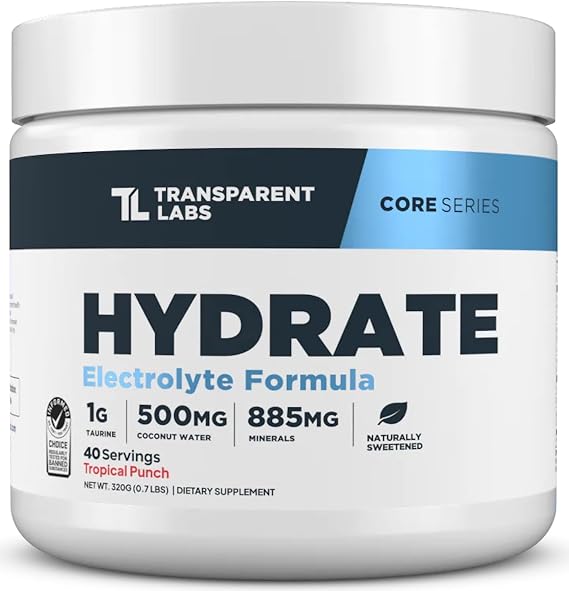 Transparent Labs Hydrate Naturally Sweetened Electrolytes Powder - Hydration Powder Electrolytes with Coconut Water, Calcium, Taurine, Potassium - 40 Servings, Tropical Punch