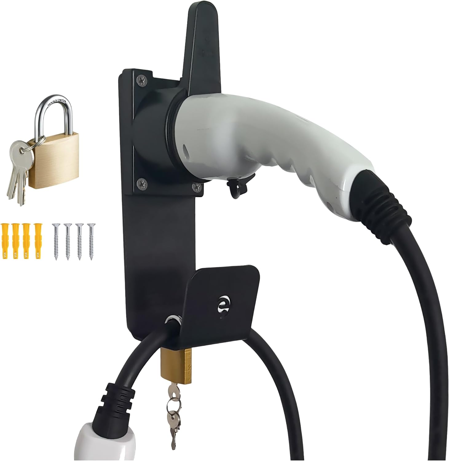 Type 2 EV Charger Holder, Padlock Loackable Wall Mount Holder for Electric Car with IEC 51296-2 Plugs, Weather Proof Holder for Most EU EVs Charging Cable Tidy, Black