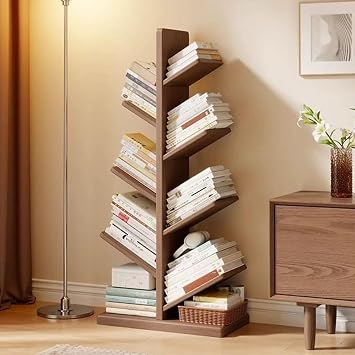 Solid Wood Tree Bookshelf, 8 Tier Book Storage Organizer Shelves, Floor Standing Bookcase, Wood Storage Rack for Office and Home, Shelf Display for CD, Magazine(Brown)