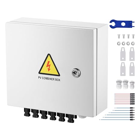 Happybuy PV Combiner Box, 6 String, Solar Combiner Box with 15A Rated Current Fuse 125A Circuit Breaker Lightning Arrester and Solar Connector, Steel Case for On/Off Grid Solar Panel System, IP65