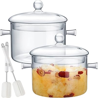 Sabary 2 Pcs Clear Glass Simmer Pot with Cover Glass Cooking Pot Saucepan Stovetop Pot with Lid and Handle and Pan Heat Resistant Cookware for Pasta Noodle1.5 L 50 oz,Classic Style