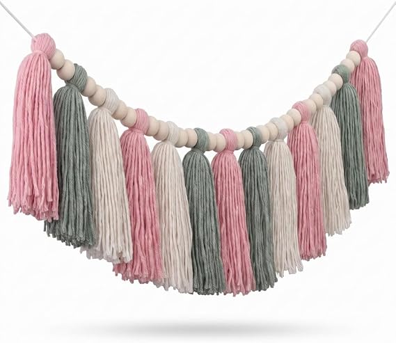 DrCor Pink & Sage Green Tassel Garland Boho Wall Decor | Pastel room decoration for nursery, baby shower, party & dorm. Handmade boho banner for office & celebration.