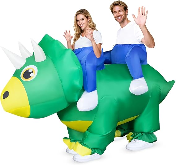 Couple Inflatable Dinosaur Costume, Funny Triceratops Blow Up Costume, 2 Person Riding Costume for Adults Take Photos, Halloween, Cosplay, Dinosaur Theme Parties & Festivals