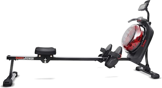 Sunny Health & Fitness Elite Water Rower with High Dynamic Resistance Vertical Tank, Low-Impact Full-Body Workout, Compact Flippable Cardio Rowing Machine for Home