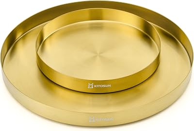 Gold Tray Round Serving Platter - Metal Decorative Plate for Bar Club Lounge Coffee Table Centerpieces Perfume Vanity Jewelry Display Cosmetic Storage Counter Bathroom Organizer 8 W  12 W 1.1 H
