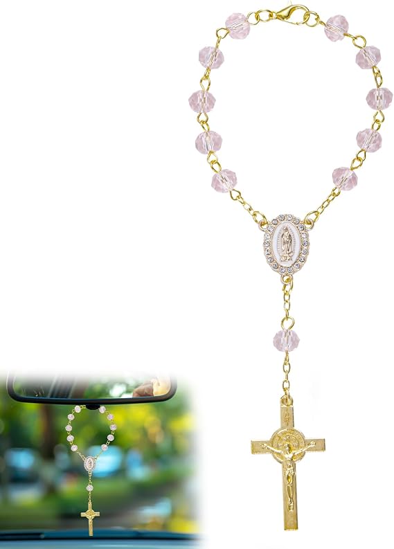 Pink Mini Car Rosary for Rearview Mirror, Car Rosary with Cross Pendant | Pink Mini Religious Pendant Catholic Wedding Women Accessories for Rear View Mirror