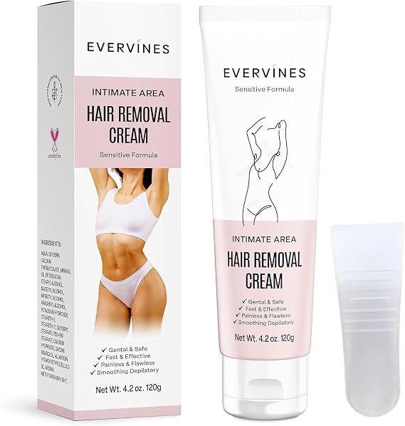 Hair Removal Cream for Women: Fast & Painless Depilatory for Bikini Pubic Legs Arms Underarms - Sensitive Skin Safe - Travel & Home Use with Scraper 4.2oz
