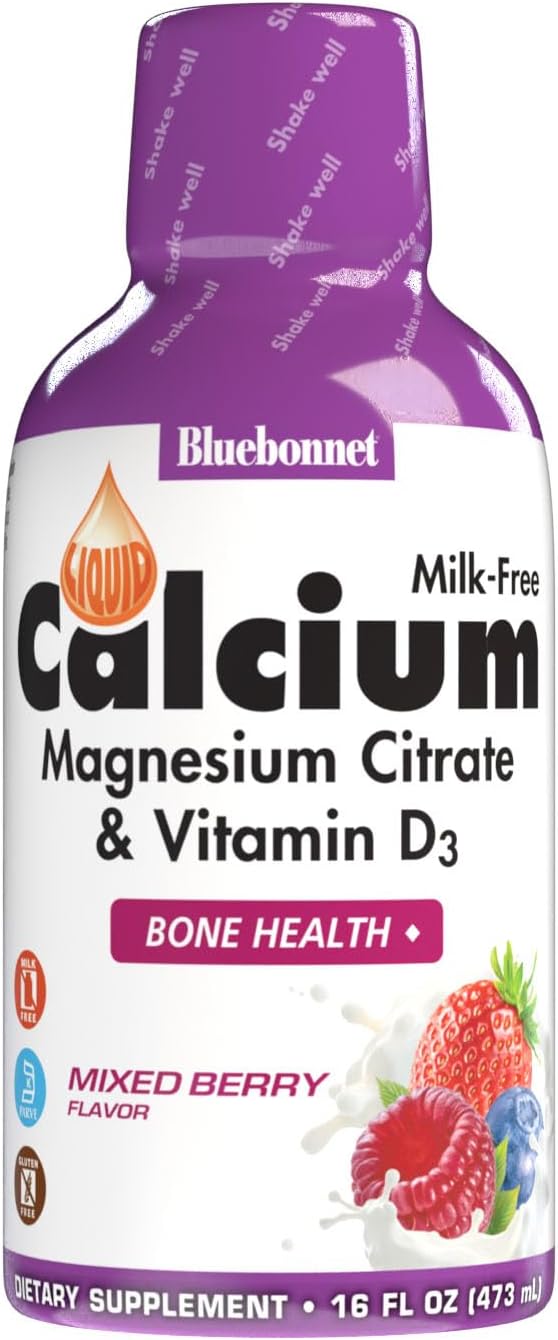 Bluebonnet Nutrition Liquid Calcium Citrate, Magnesium, Vitamin D3, Bone Health, Gluten Free, Soy Free, Milk Free, Kosher, 16 fl oz, 32 Servings, Mixed Berry Flavor | Bone Health; Kosher