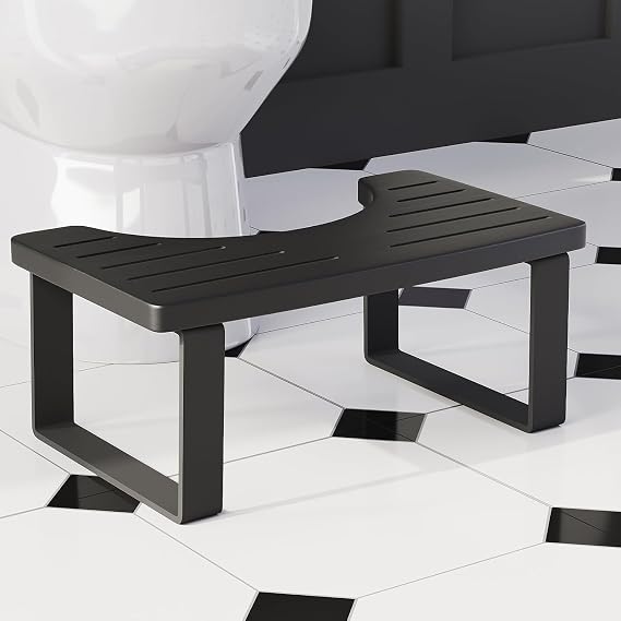 Squatting Potty for Adults, 7in Wooden Poop Stool Adult, Matte Black Bamboo Toilet Stool Squat, Wood Pooping Stool for Bathroom, Toilet Foot Step for Kids with Non-Slip Mat